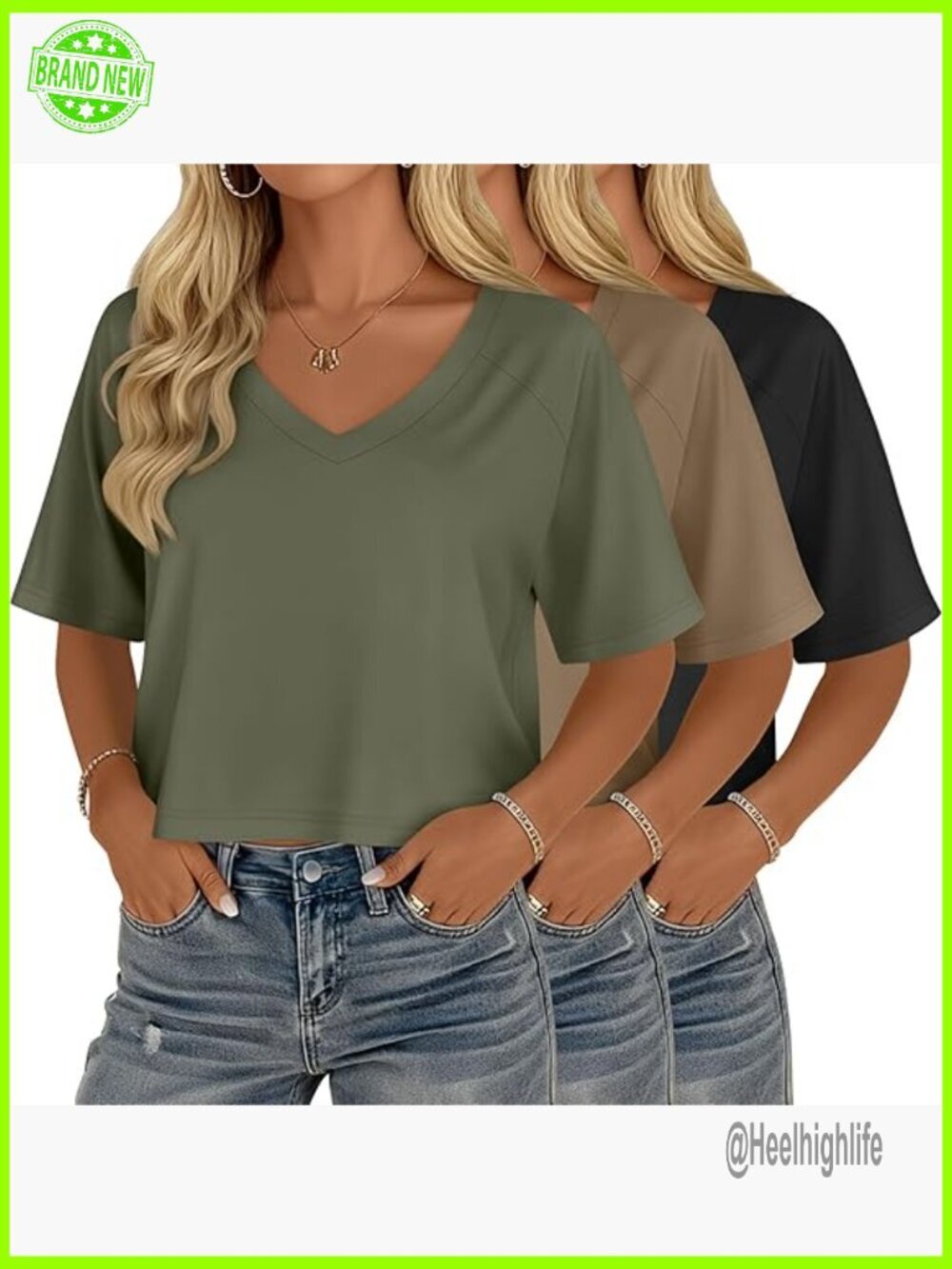 3 Pack Women's Cropped Tops V Neck Raglan Sleeve Loose Fit Basic Tees